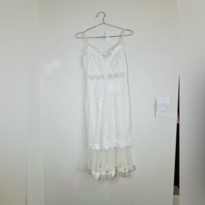 Elegant White Lace Midi Dress Women Size Small Adjustable Straps Sheer Hem 42.5”